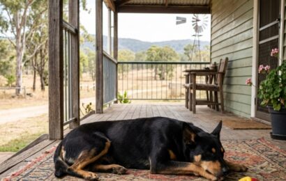 Kelpie lying calmly on Queensland farm verandah with enrichment toys