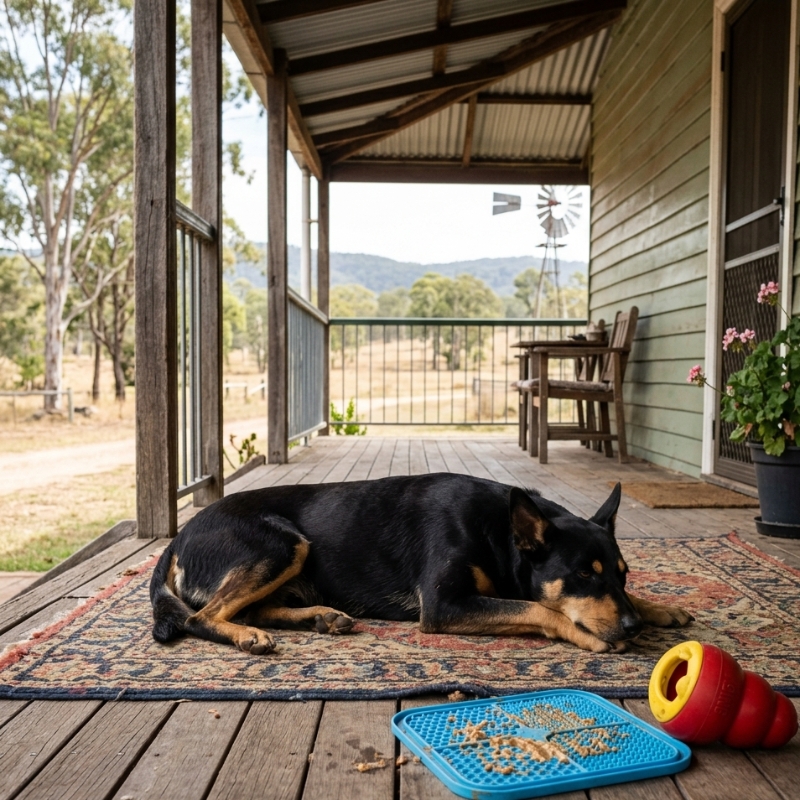 Kelpie lying calmly on Queensland farm verandah with enrichment toys
