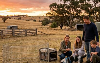 Family helping a rescue dog decompress in rural Queensland backyard.