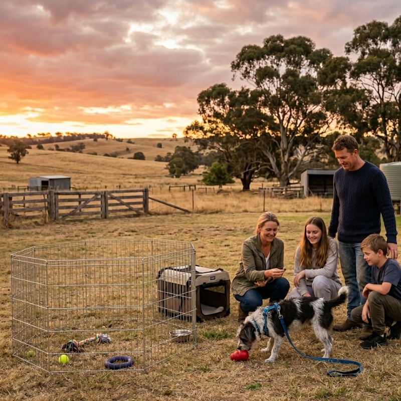 Family helping a rescue dog decompress in rural Queensland backyard.