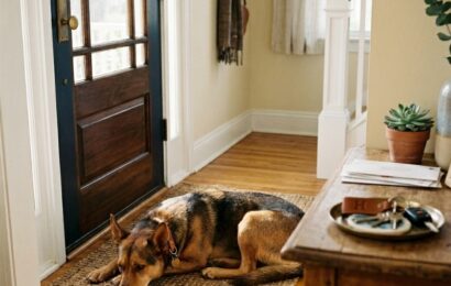 Kelpie calmly waiting by front door showing reduced separation anxiety after training