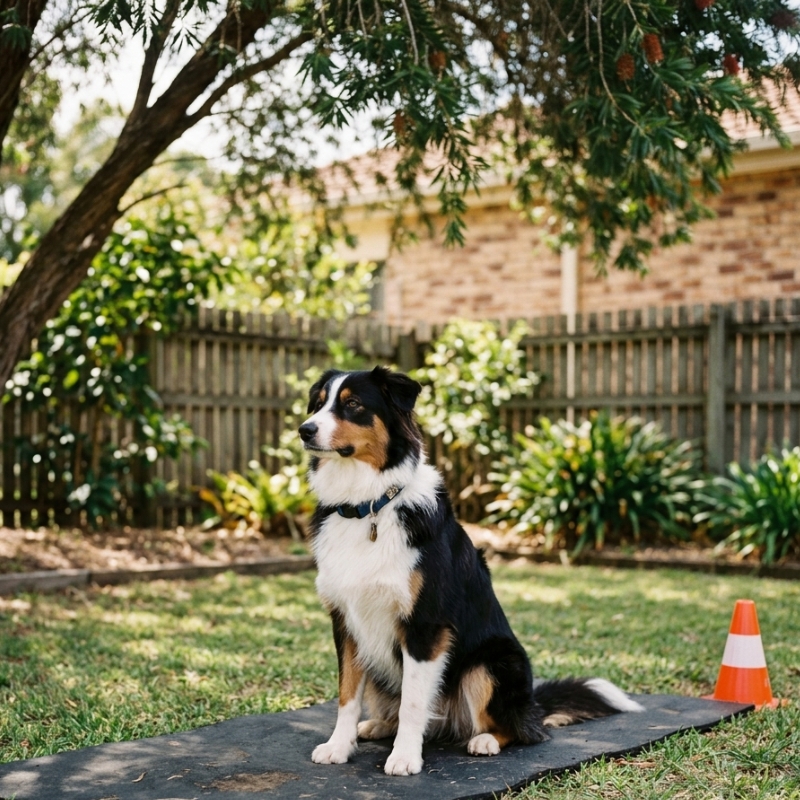 Dog practising obedience training in a shaded Queensland outdoor setting