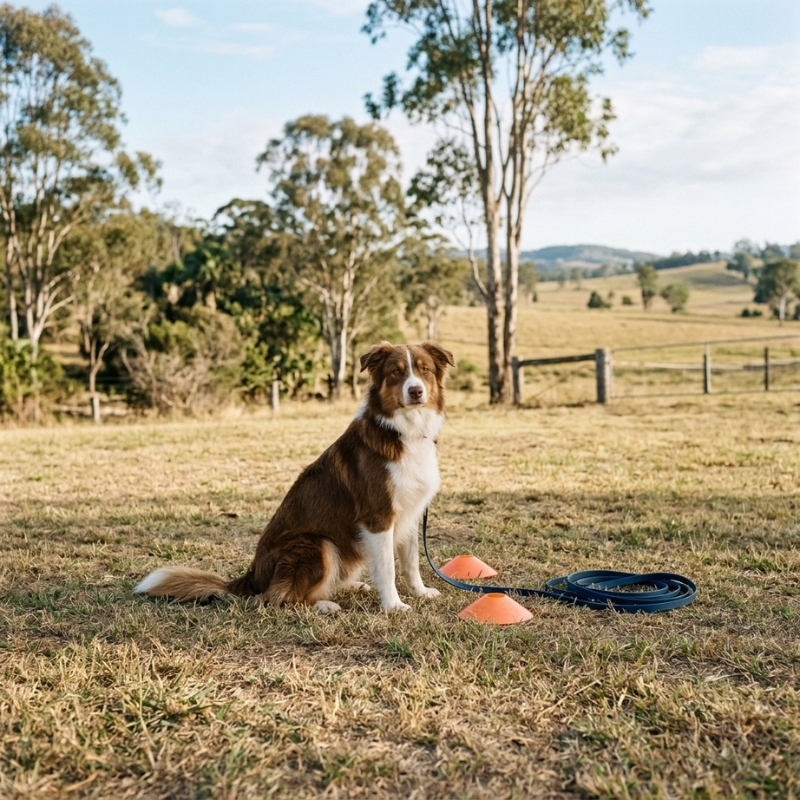 Board-and-train dog training session on a Queensland farm