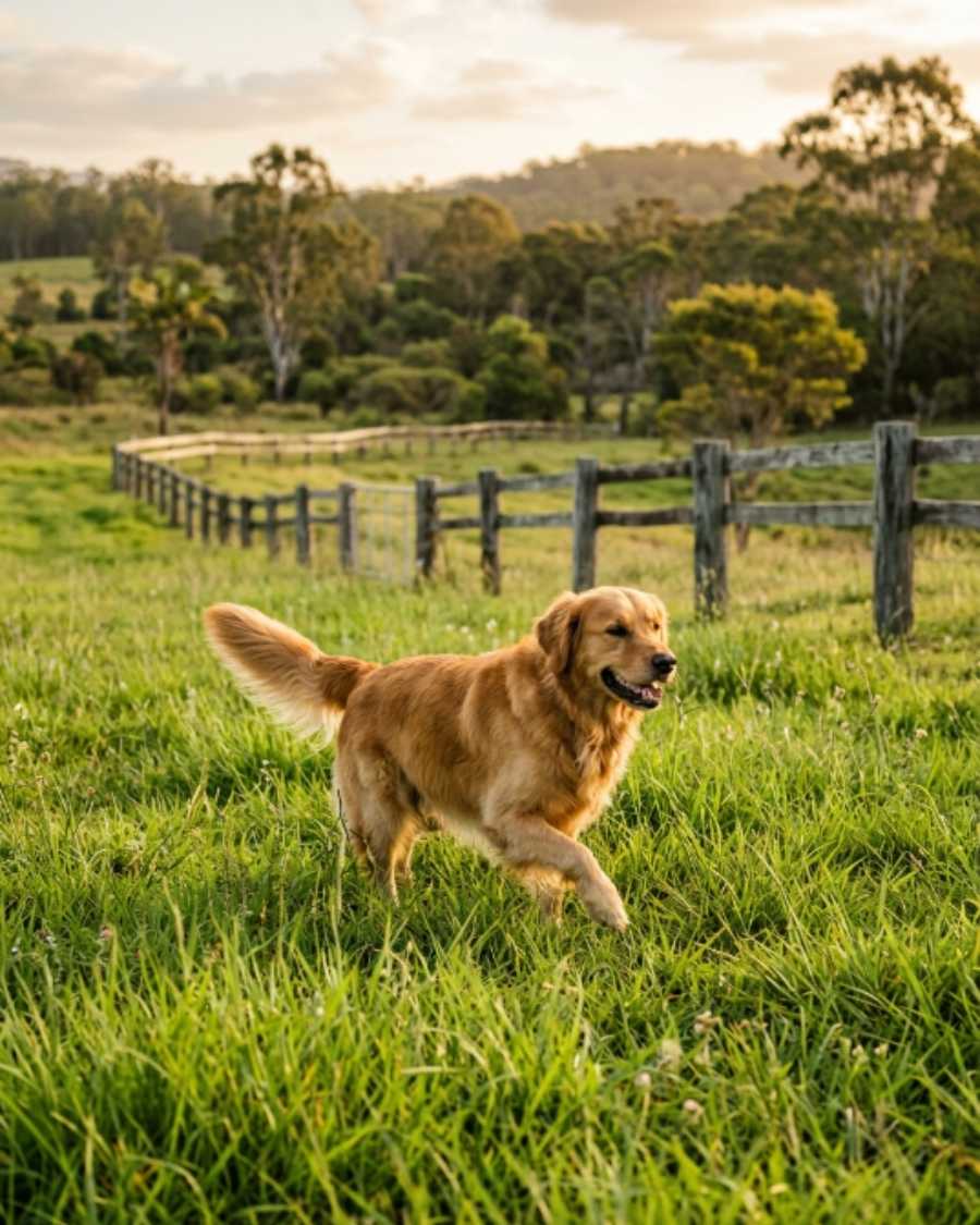 Happy dog enjoying the farm at The Mutts Nuts country retreat near Hervey Bay