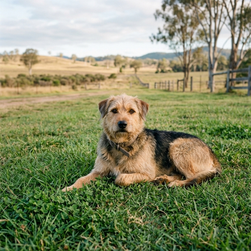 A relaxed dog settling peacefully on a spacious farm