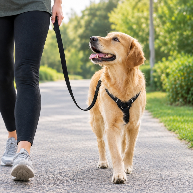 Golden retriever walking calmly on a loose lead beside its owner