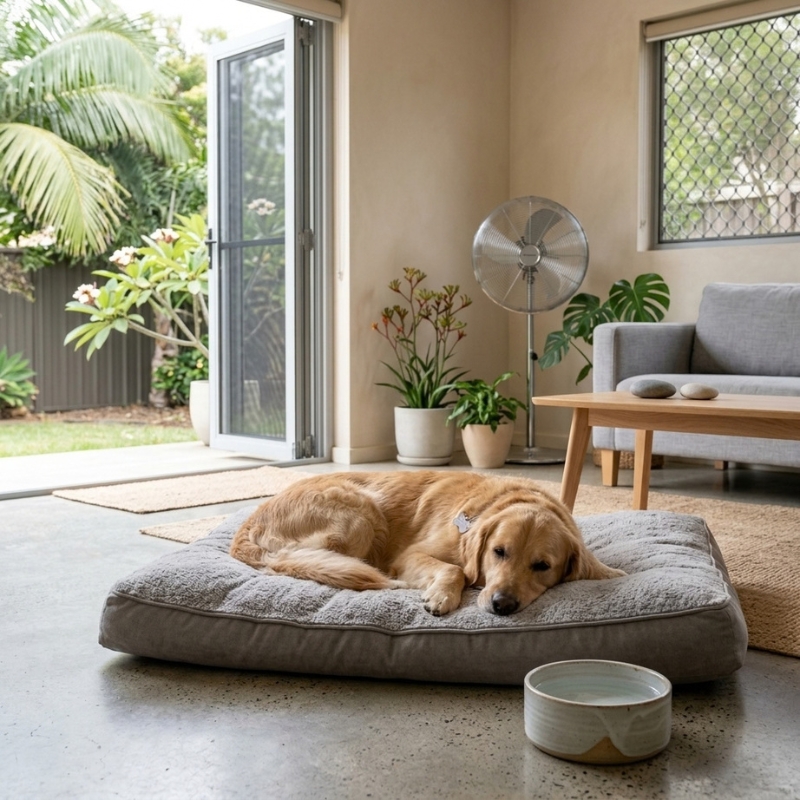 Dog resting comfortably alone at home with fresh water